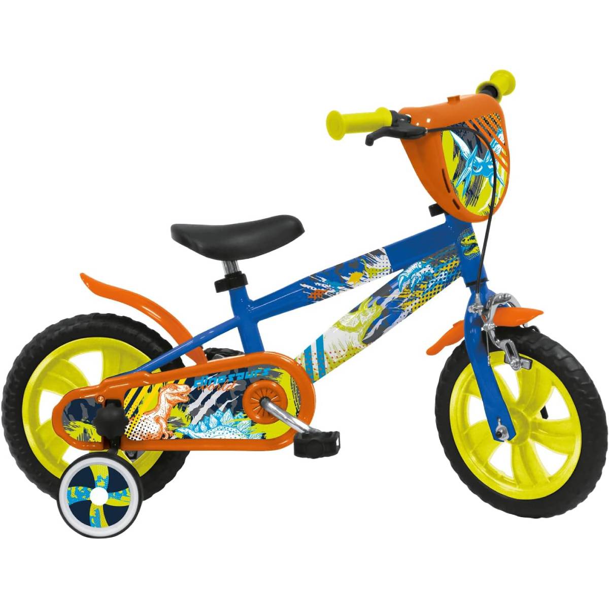 Bicicletta bambini 12 pollici Mondo tema dinosauri con rotelle stabilizzatrici, telaio blu e dettagli arancioni