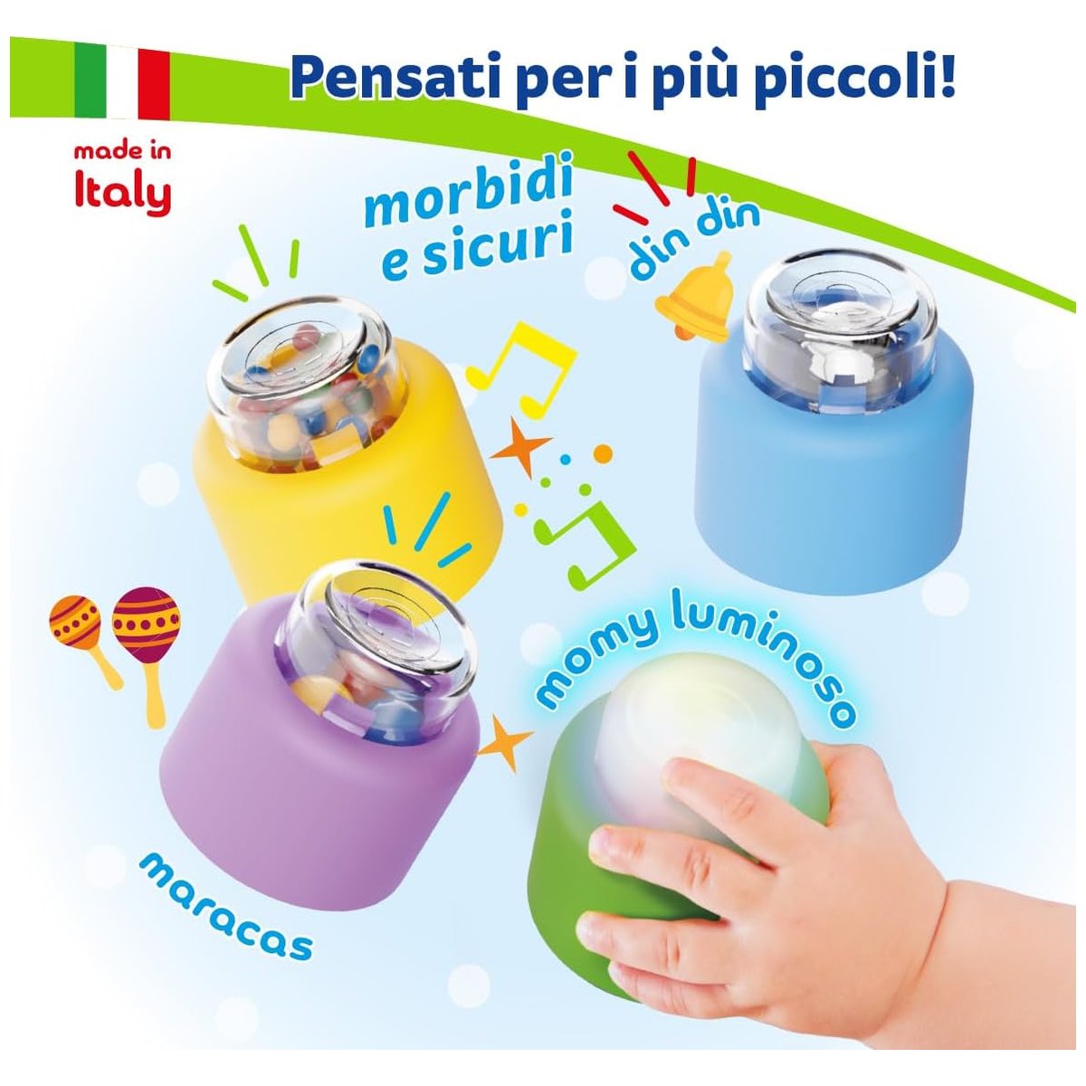Blocchi Momy Soft morbidi e sicuri con suono maracas, campanellino e momy luminoso