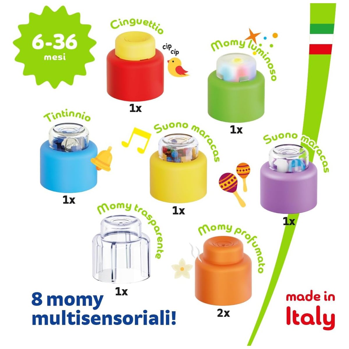 Gli 8 momy multisensoriali del set: cinguettio, luminoso, tintinnio, maracas, trasparente e profumati