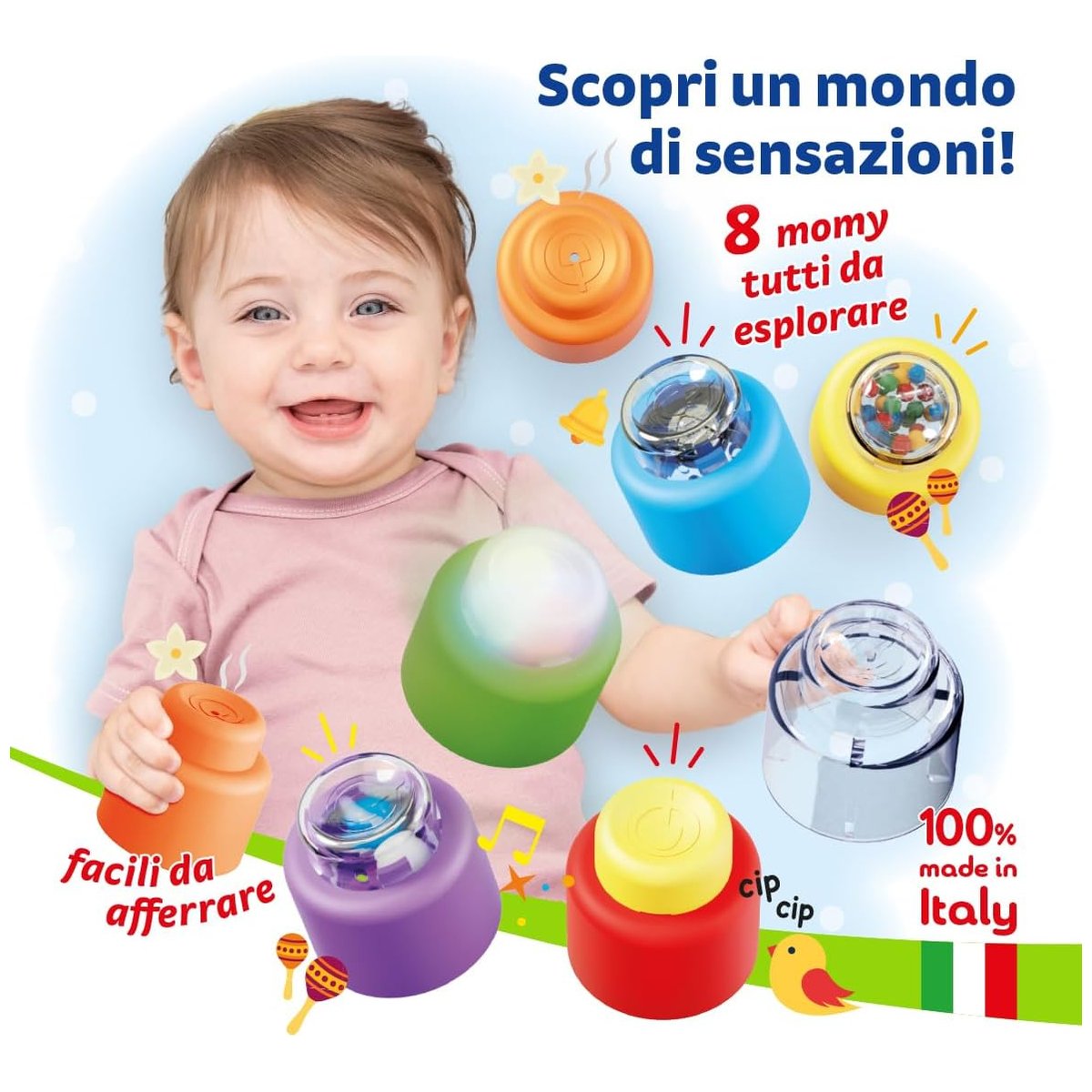 Blocchi sensoriali Momy Soft Quercetti, dettaglio del set per bambini 6-36 mesi