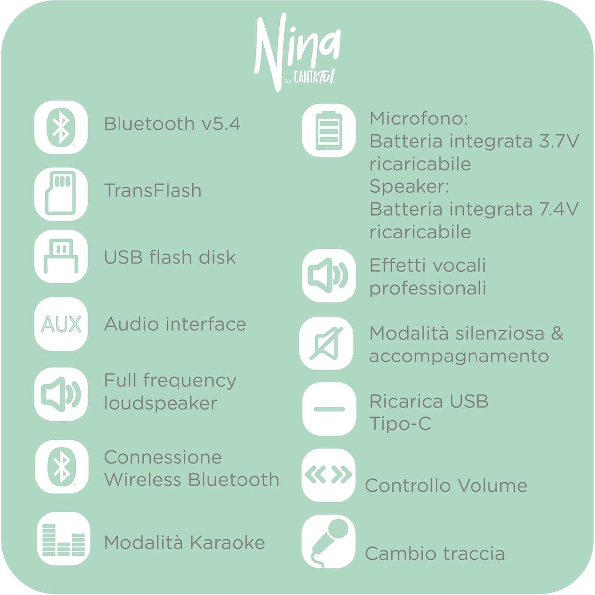 Canta Tu Nina caratteristiche: Bluetooth 5.4, USB-C, AUX, microSD, effetti vocali