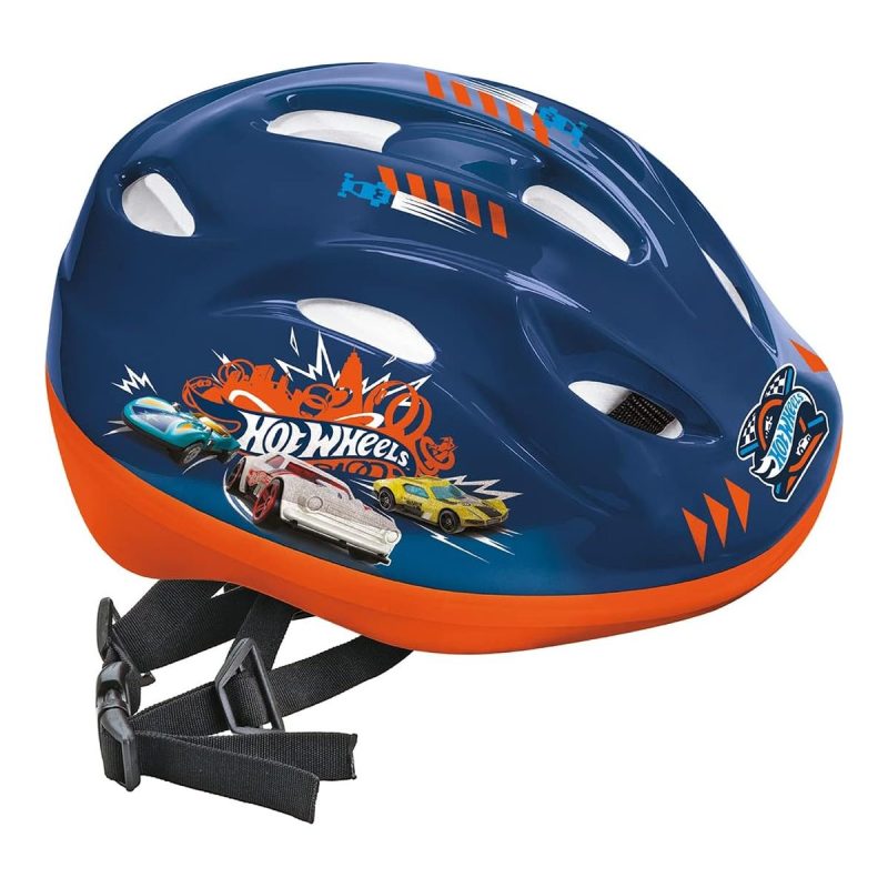 Casco bambino bici Hot Wheels blu e arancione vista tre quarti