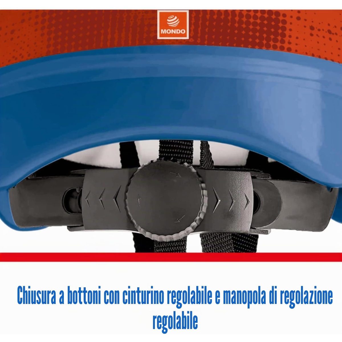 Dettaglio chiusura a cinturino e manopola di regolazione del casco Avengers