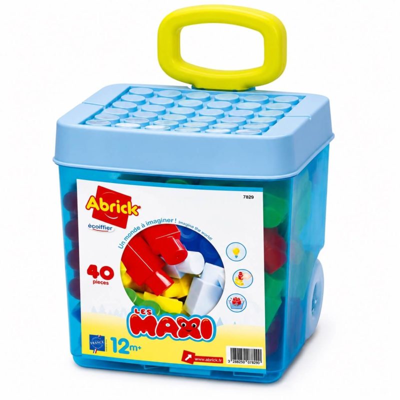 Valigetta con ruote Ecoiffier azzurra chiusa con 40 mattoncini Maxi Abrick e maniglia gialla
