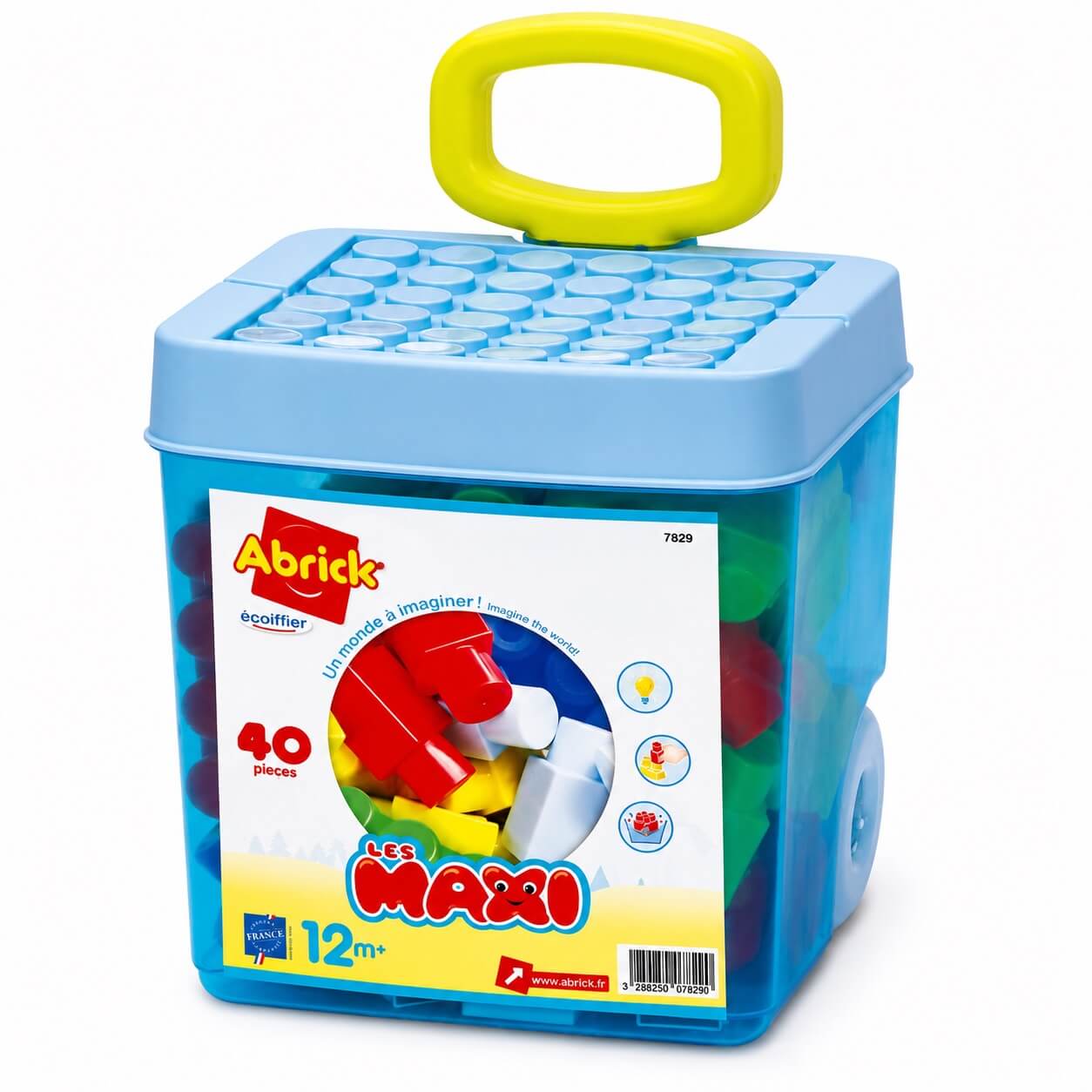 Valigetta con ruote Ecoiffier azzurra chiusa con 40 mattoncini Maxi Abrick e maniglia gialla
