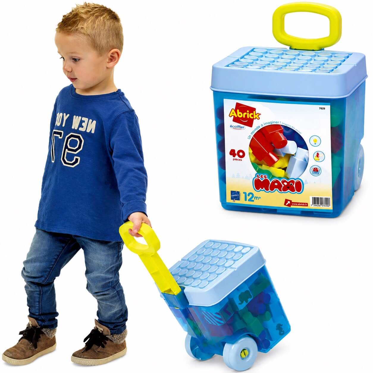 Bambino che traina la valigetta con ruote Ecoiffier con 40 mattoncini Maxi Abrick