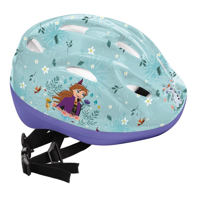 Caschetto bimba Frozen bici azzurro vista tre quarti con Anna ed Elsa