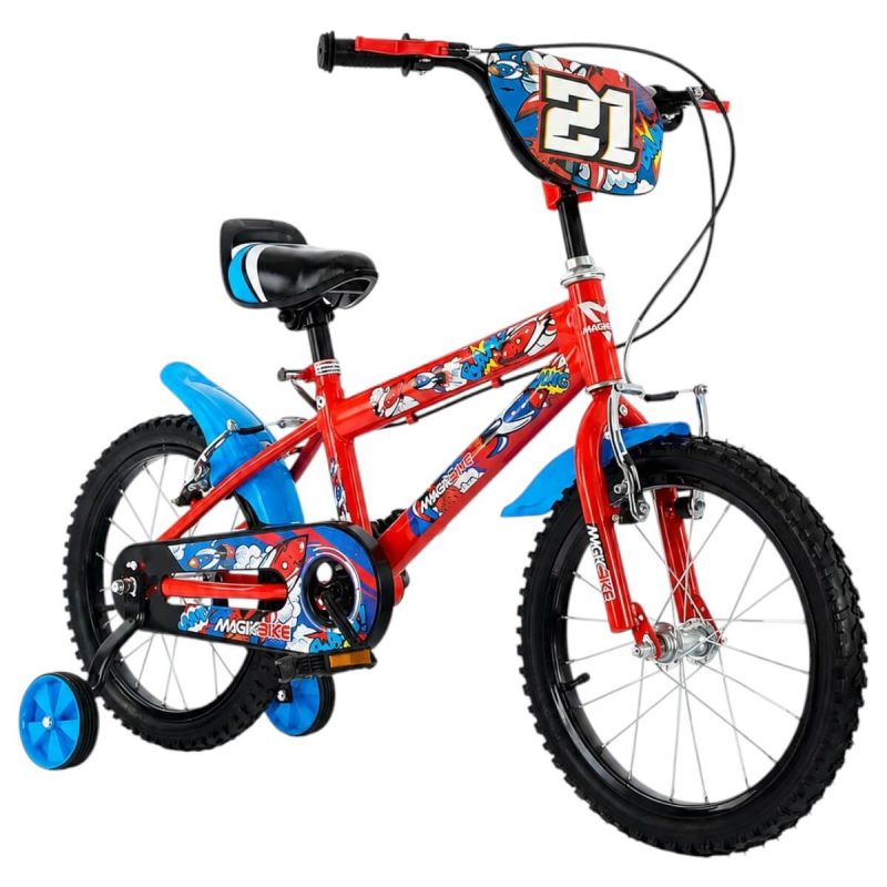 Bicicletta bambini con rotelle Magic Boy Giocheria rossa, vista tre quarti anteriore con scudo portanumero