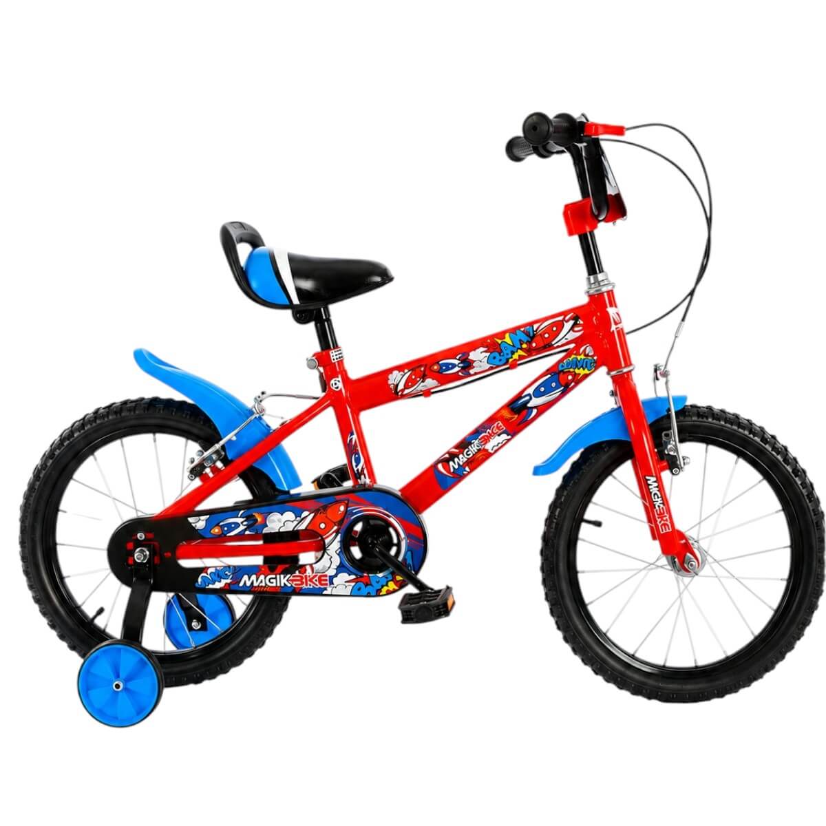 Bicicletta bambini Magic Boy rossa con rotelle di supporto blu, vista laterale completa