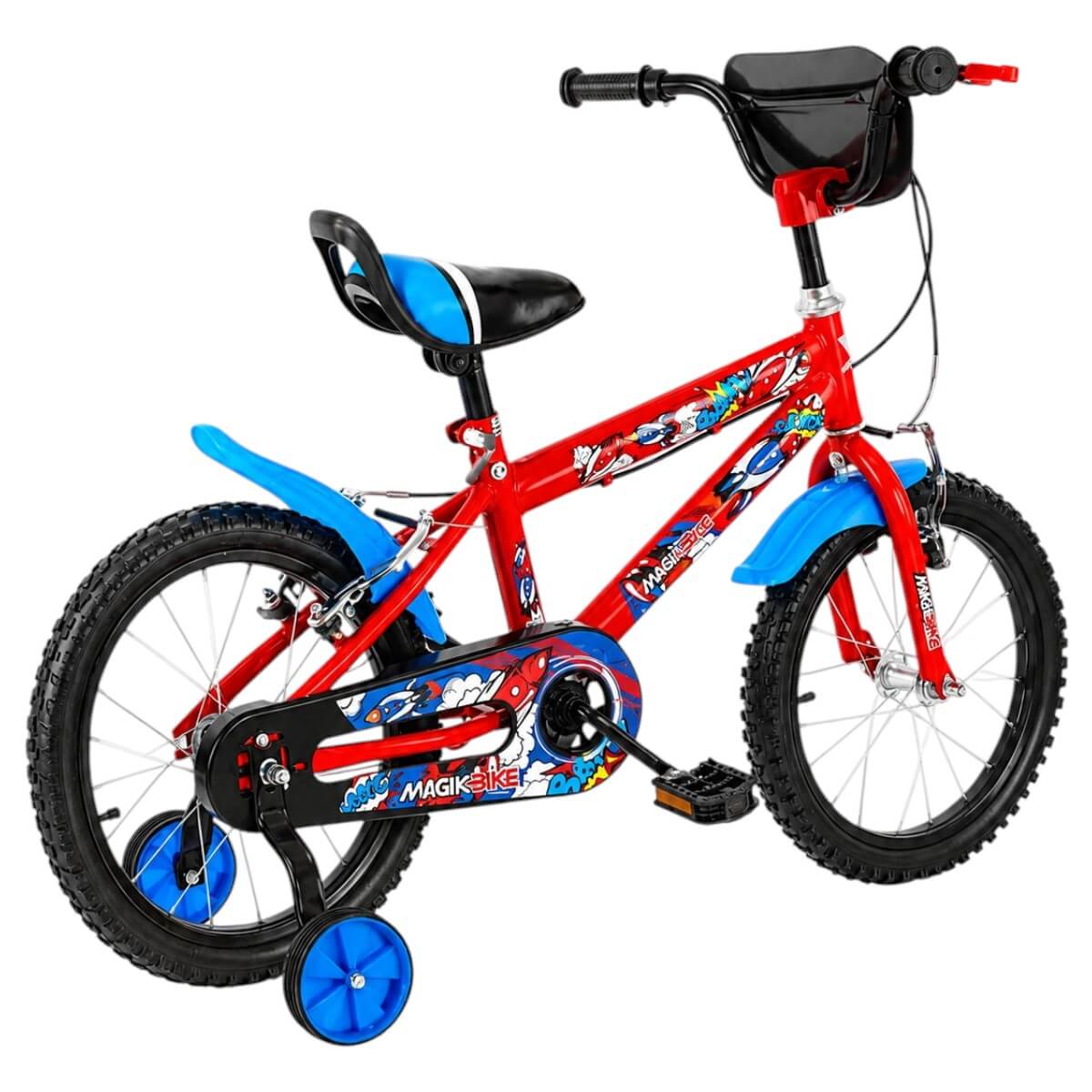 Bicicletta bambini Magic Boy con borsetta al manubrio e parafanghi blu, vista tre quarti