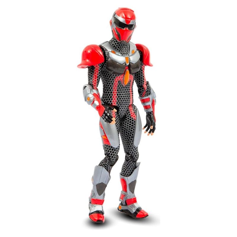 Action figure Gormiti Zane Scion del Clan del Fuoco 15 cm vista frontale con casco rosso e armatura effetto silver
