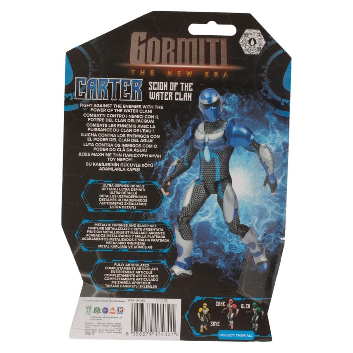 Retro confezione Gormiti Carter Scion of the Water Clan con dettagli del personaggio
