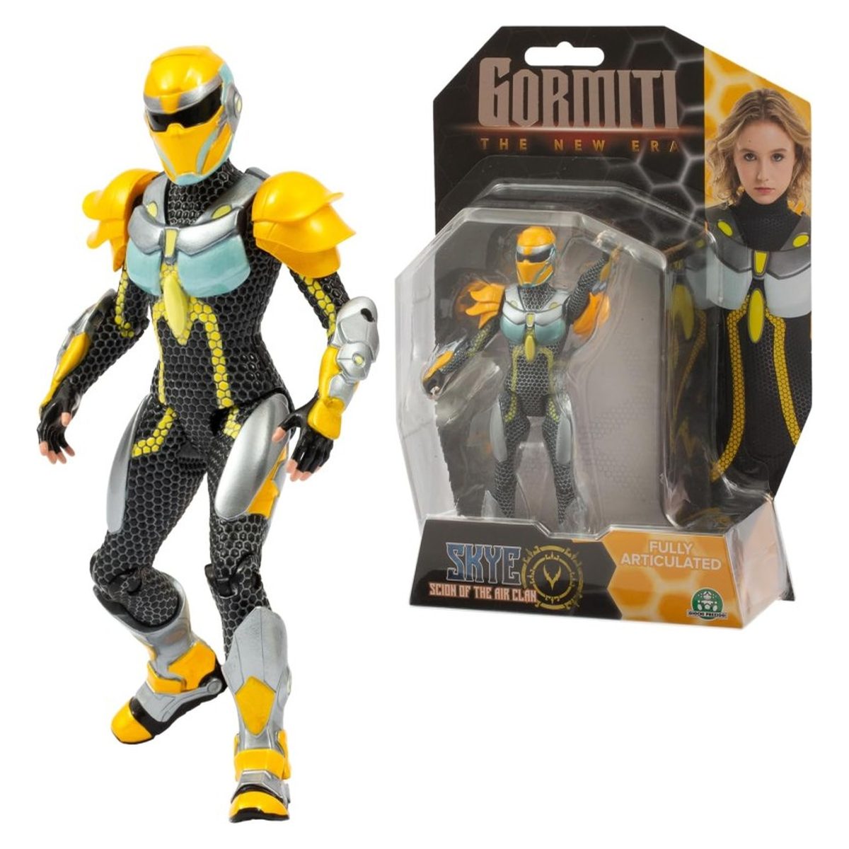 Action figure Gormiti Skye accanto alla confezione blister Gormiti The New Era