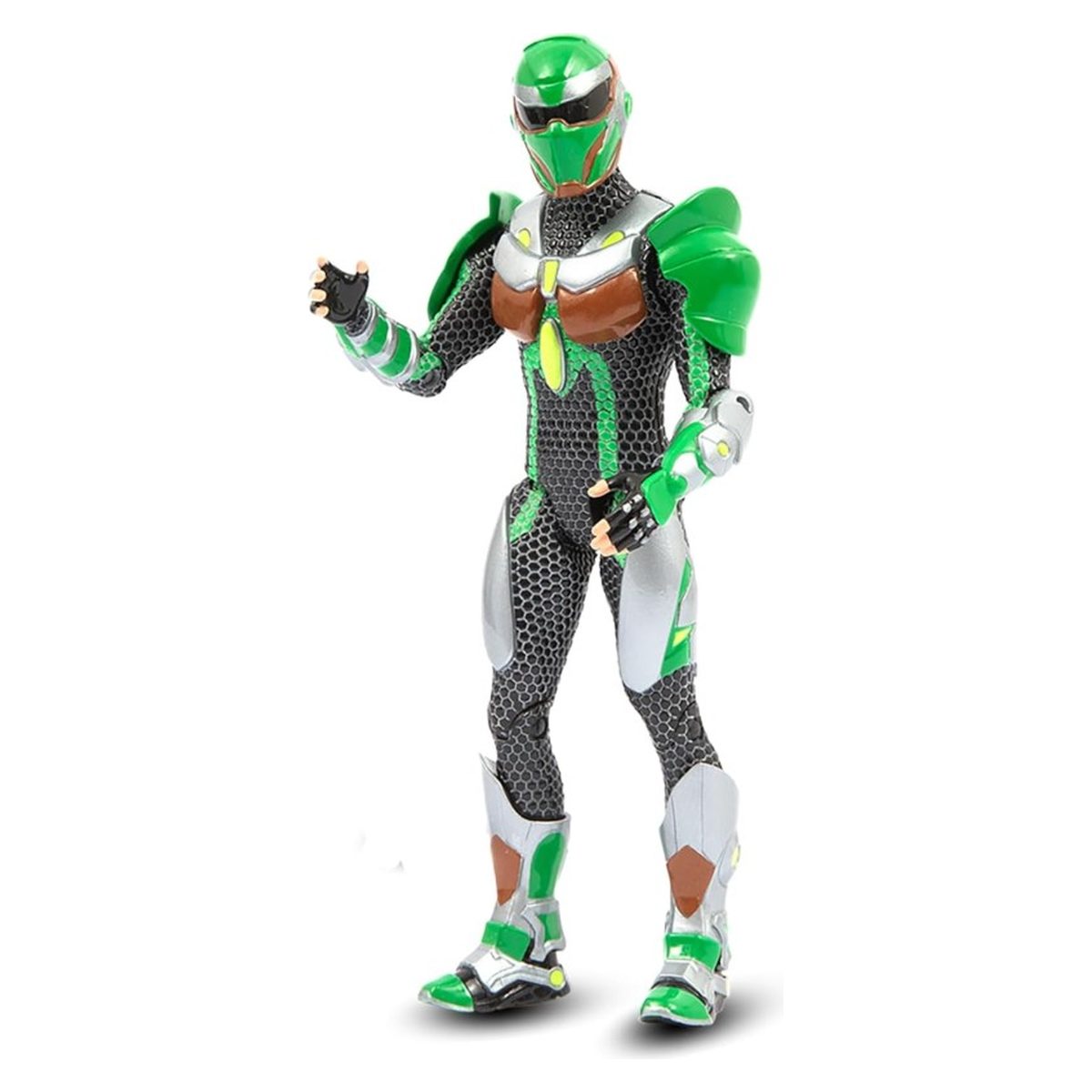 Action figure Gormiti Glen Scion del Clan della Terra 15 cm in posa, tuta a rete argentata e armatura verde e bronzo