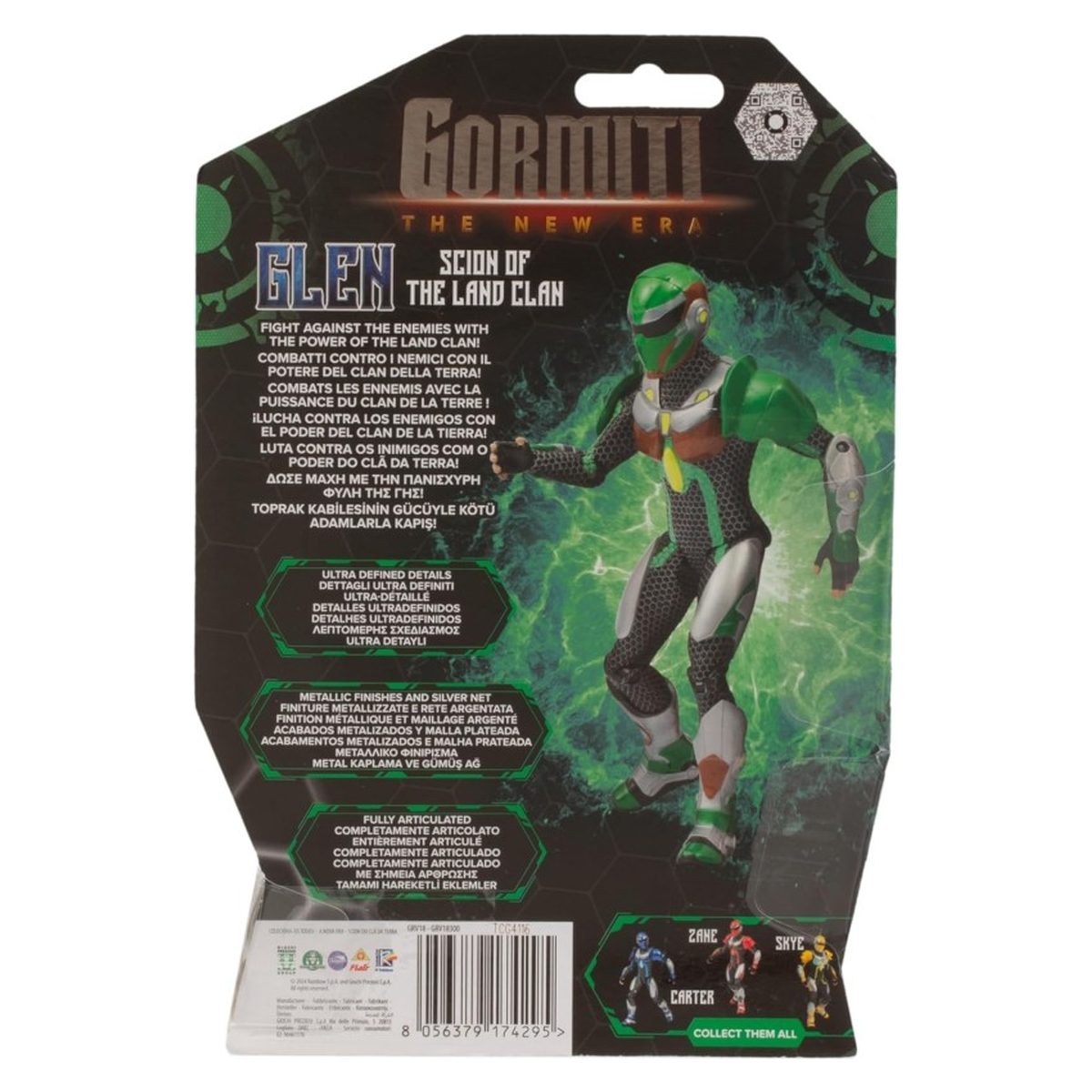 Retro della confezione Gormiti The New Era Glen 15 cm con le caratteristiche del personaggio e il codice EAN