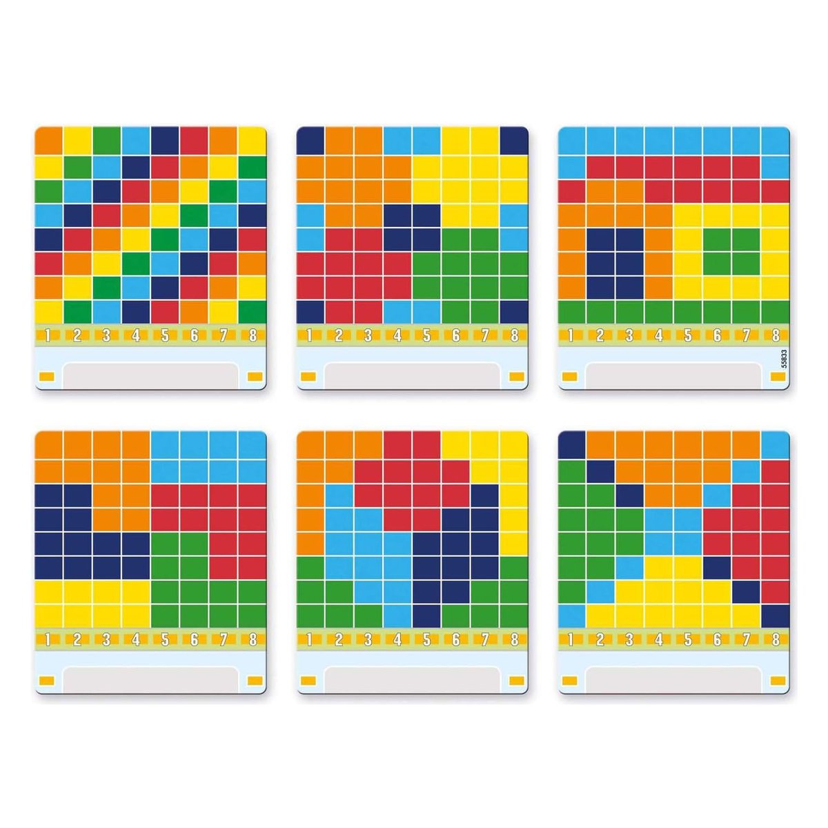 Le 6 schede mosaico incluse nel Pallino Travel con disegni da comporre sullo schermo 8x8