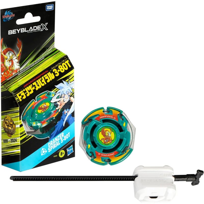 Beyblade X Hasbro Dranzer Spiral 3-80T: confezione fronte con trottola verde-teal, launcher e corda inclusi