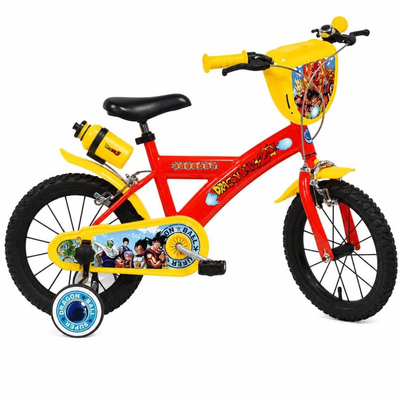 Bicicletta Dragon Ball 14 pollici Mondo rossa e gialla con stabilizzatori laterali, borraccia e scudo frontale, vista laterale