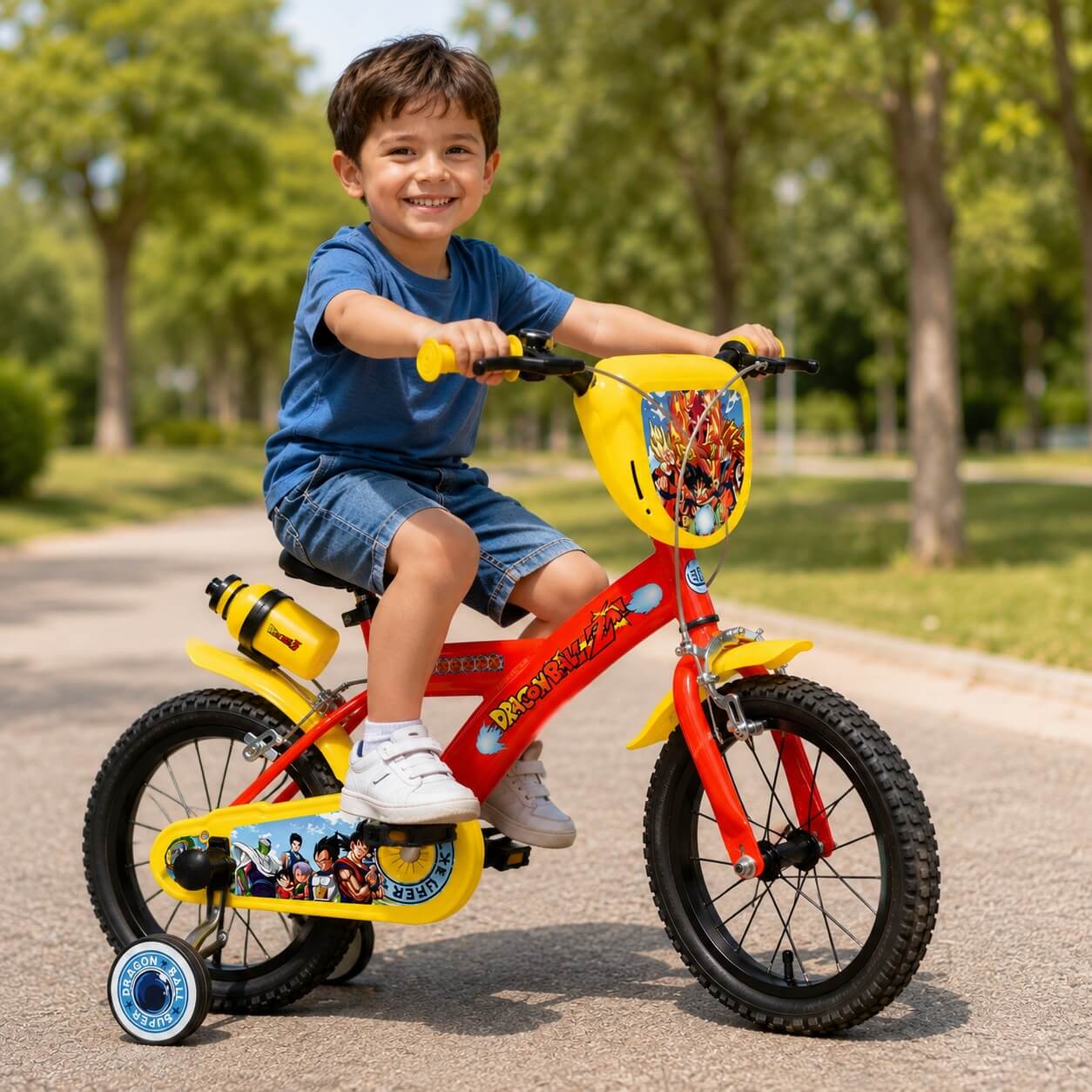 Bicicletta Dragon Ball 14 pollici Mondo con stabilizzatori laterali, parafanghi e grafica di Goku, dettaglio