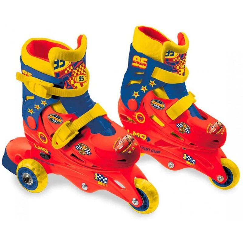 Coppia di pattini in linea tri-in-line Mondo Disney Pixar Cars 3, colore rosso, blu e giallo con decorazioni Saetta McQueen numero 95 e tre ruote gialle