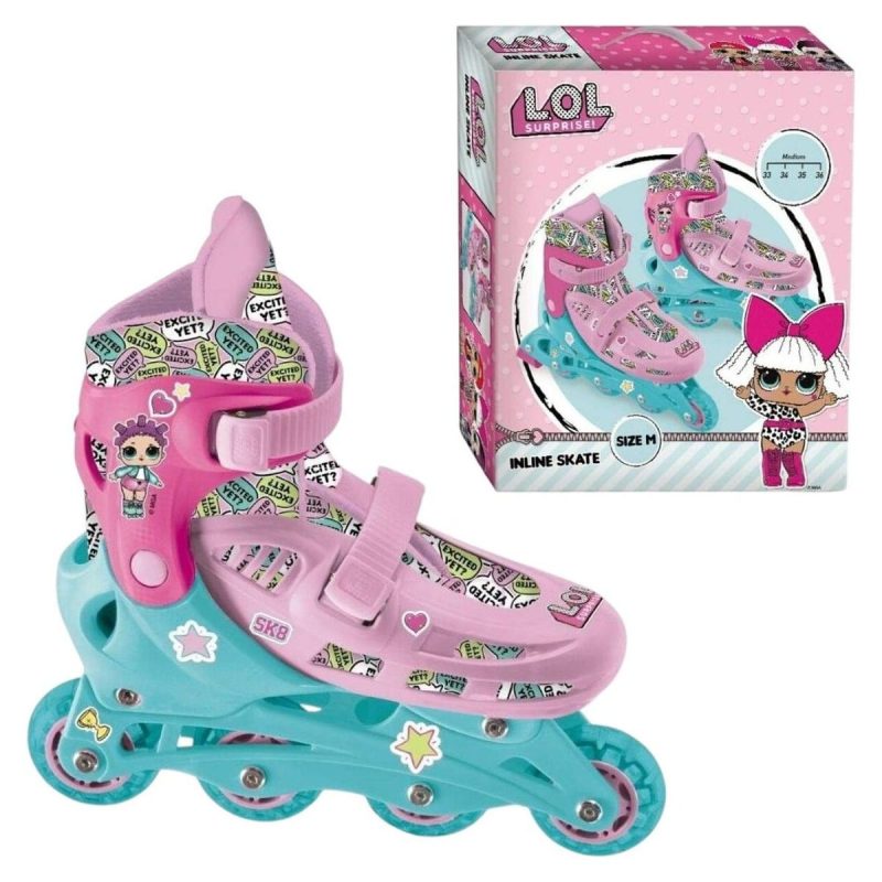 Pattini in linea regolabili LOL Surprise di Mondo Toys color rosa e turchese, vista del singolo pattino con ruote PVC accanto alla confezione originale size M