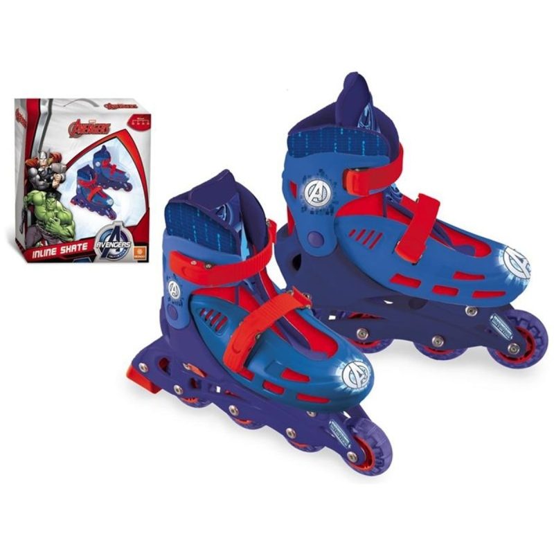 Coppia di pattini in linea Avengers Mondo blu e rossi con logo Avengers, regolabili taglia 33-36, con confezione originale raffigurante Thor e Hulk