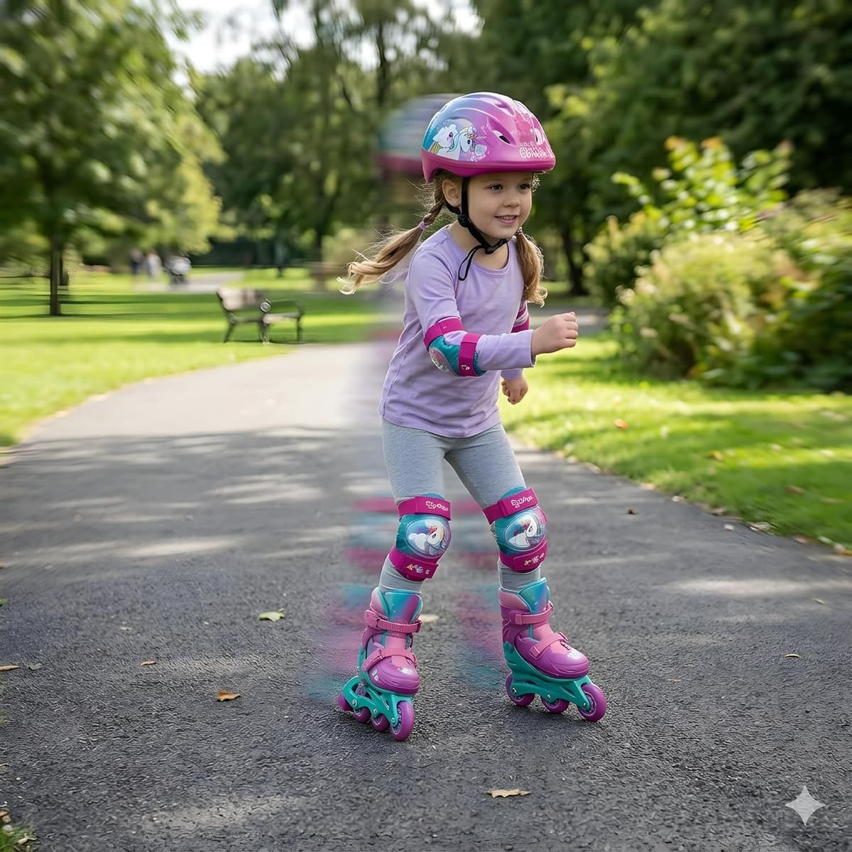 Bambina che pattina nel parco con i pattini in linea Mondo Be Unique Unicorno, indossa casco e protezioni abbinati rosa e verde acqua