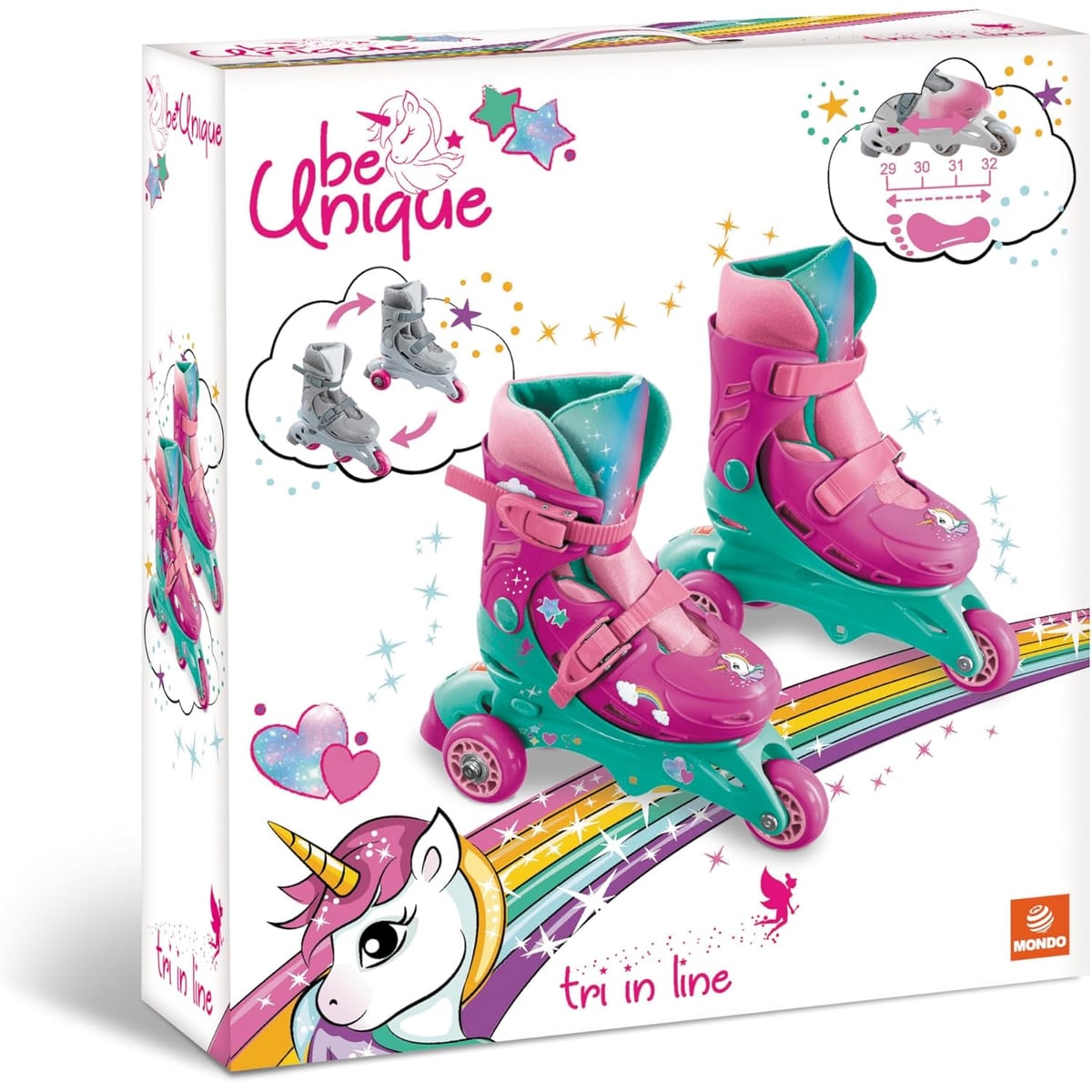 Confezione originale dei pattini tri-inline Mondo Be Unique Unicorno regolabili taglia 29-32, con illustrazioni unicorno e arcobaleno