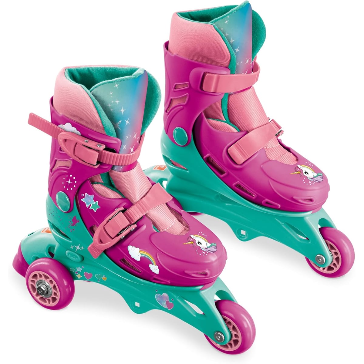 Coppia di pattini in linea Mondo Be Unique Unicorno tri-inline regolabili, colore rosa e verde acqua con decorazioni unicorno, stelle e cuori