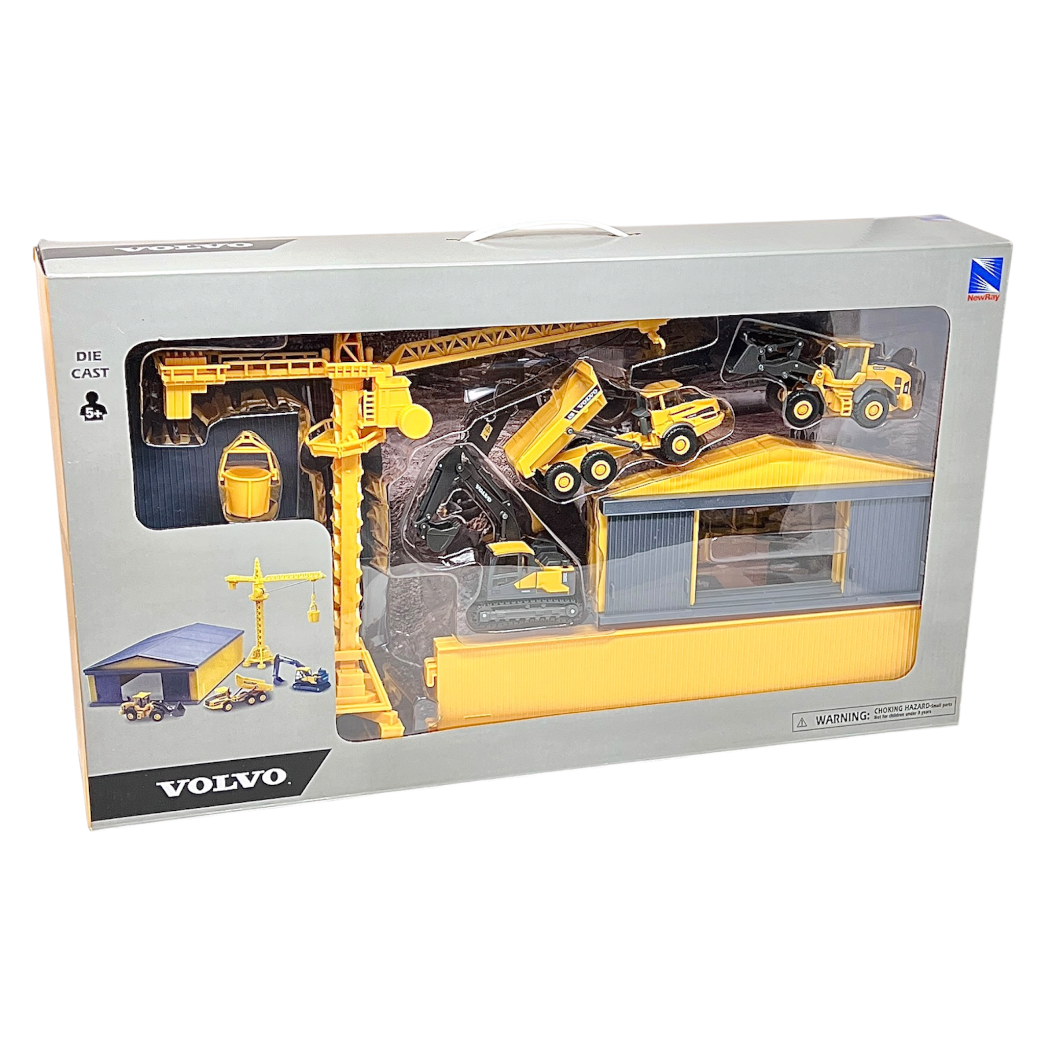Confezione frontale del playset die-cast New Ray Volvo con gru, escavatore EC140E, caricatore L60H, dumper A25G e capanno di stoccaggio