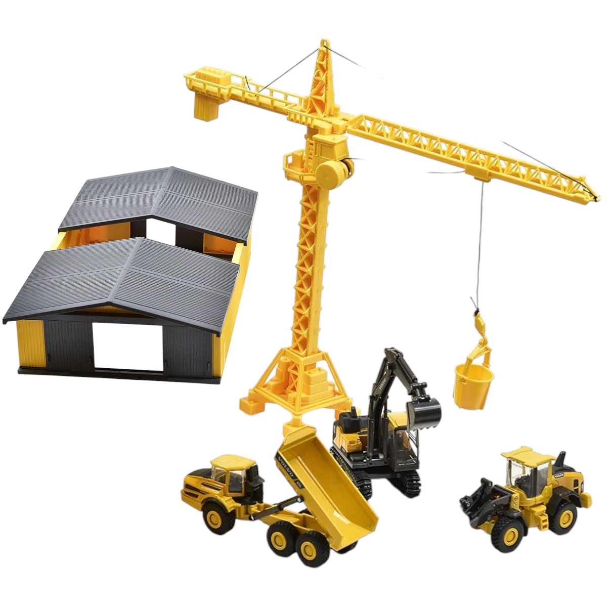 Contenuto completo del playset die-cast New Ray Volvo: capanno di stoccaggio aperto, gru a torre con secchio appeso, dumper A25G, escavatore EC140E e caricatore L60H