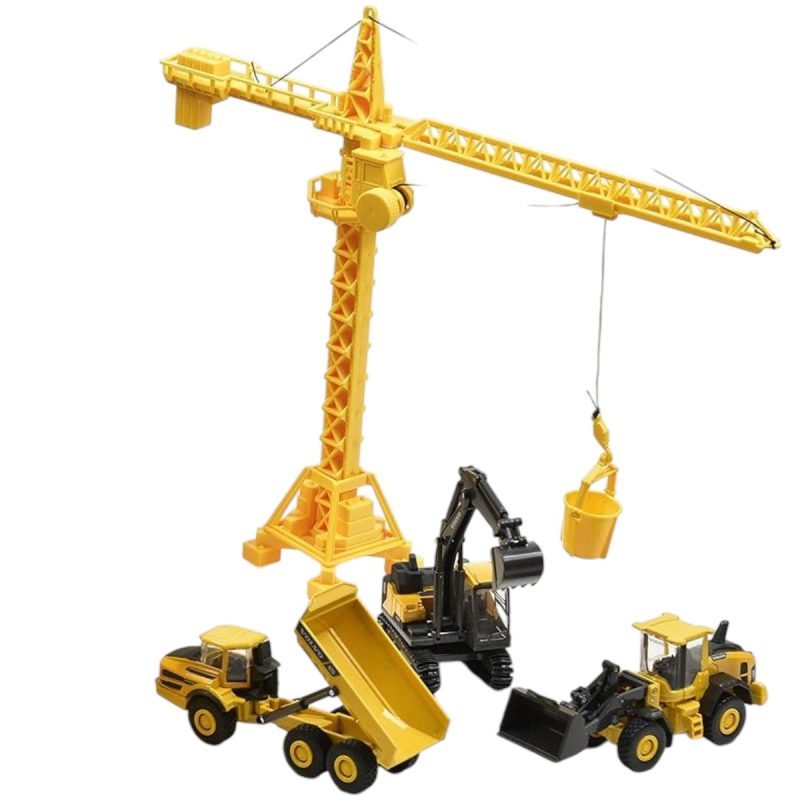 Dettaglio della gru a torre con verricello funzionale e secchio del playset die-cast New Ray Volvo, affiancata da dumper A25G, escavatore EC140E e caricatore L60H
