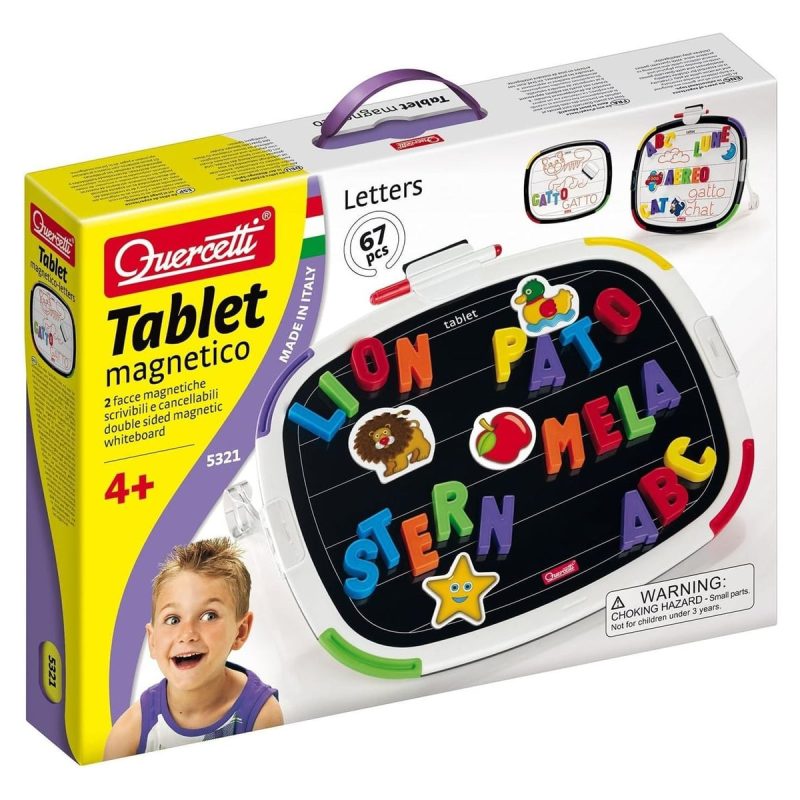 Confezione del Quercetti Tablet Magnetico 5321 con lettere magnetiche colorate, lavagna doppia faccia per bambini dai 4 anni
