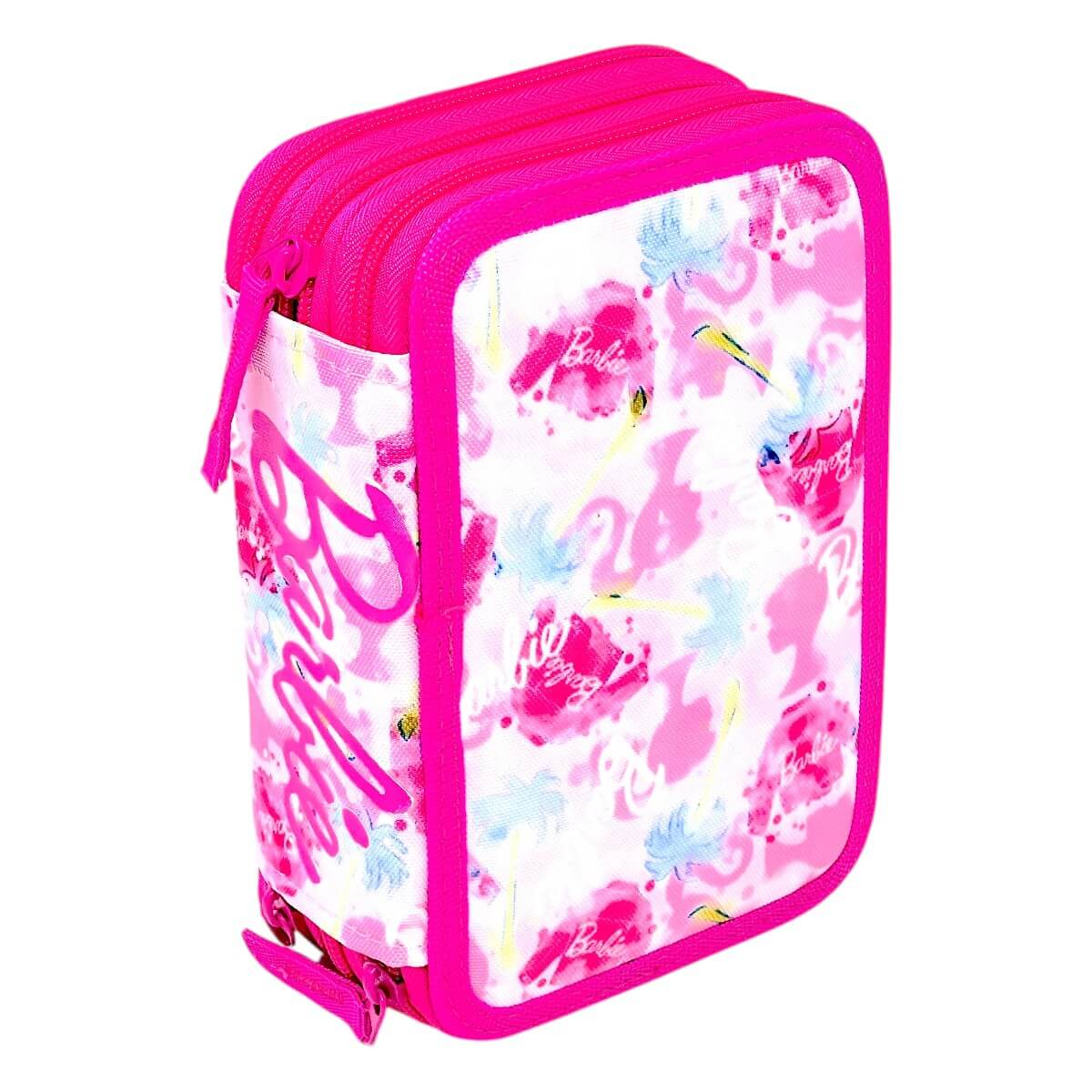 Astuccio Barbie 3 zip chiuso visto dal retro con stampa Barbie acquerellata rosa e azzurra