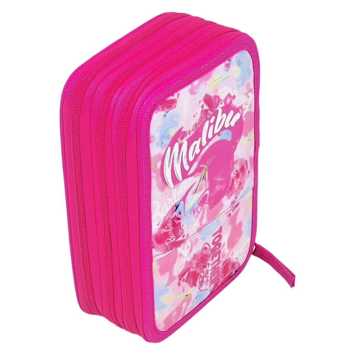Astuccio scolastico Barbie di lato, con le tre cerniere a spirale fucsia in evidenza