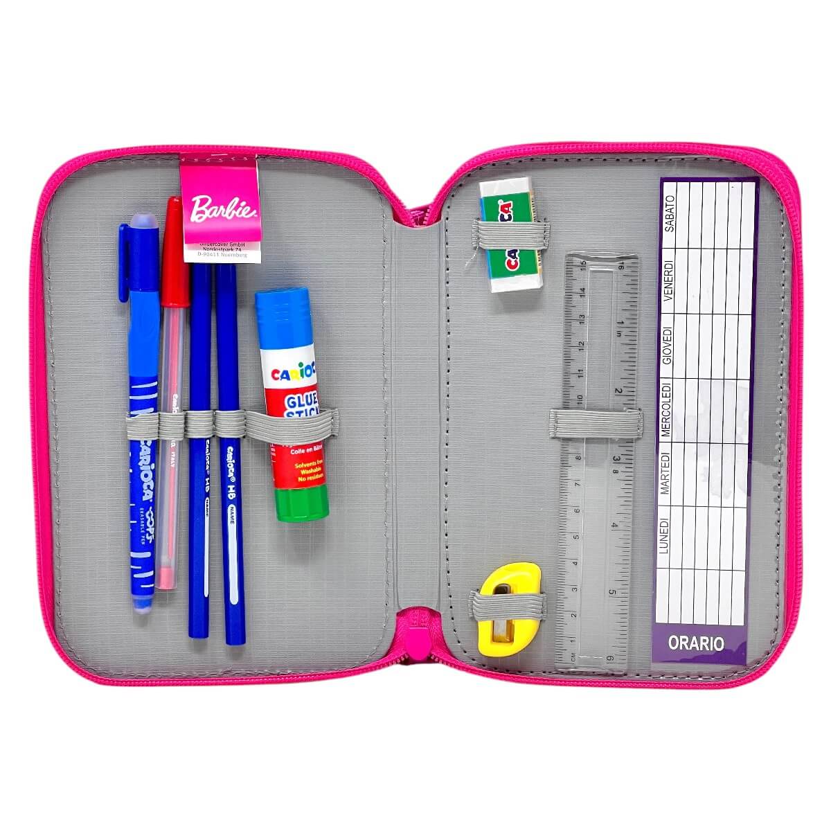 Scomparto scrittura dell'astuccio Barbie con matite HB, penne, colla stick, gomma, righello, temperino e orario settimanale