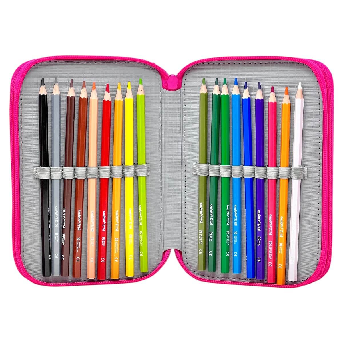 Scomparto dell'astuccio Barbie con 18 matite colorate Carioca Tita Ecofamily fissate agli elastici