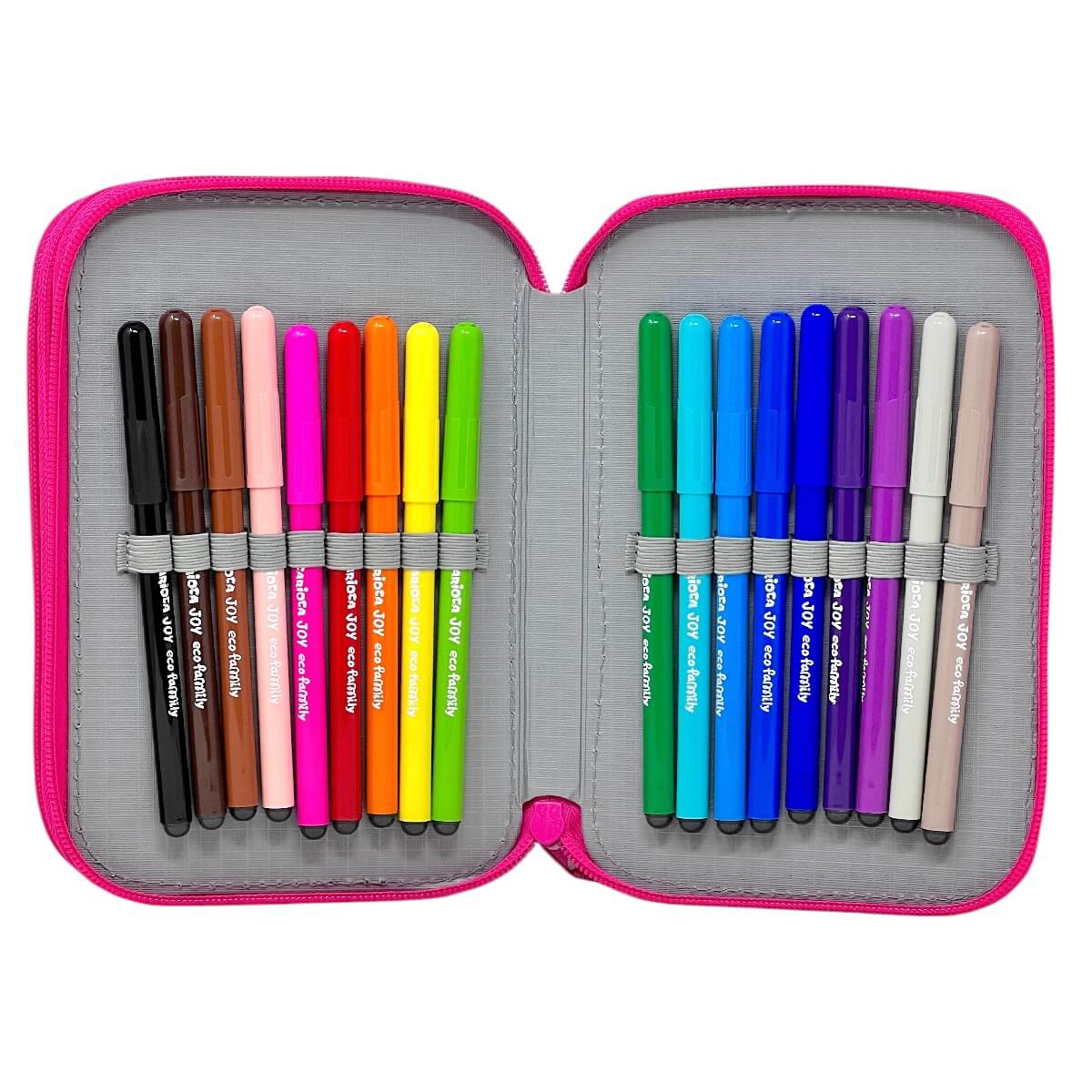 Scomparto dell'astuccio Barbie con 18 pennarelli Carioca Joy Ecofamily fissati agli elastici
