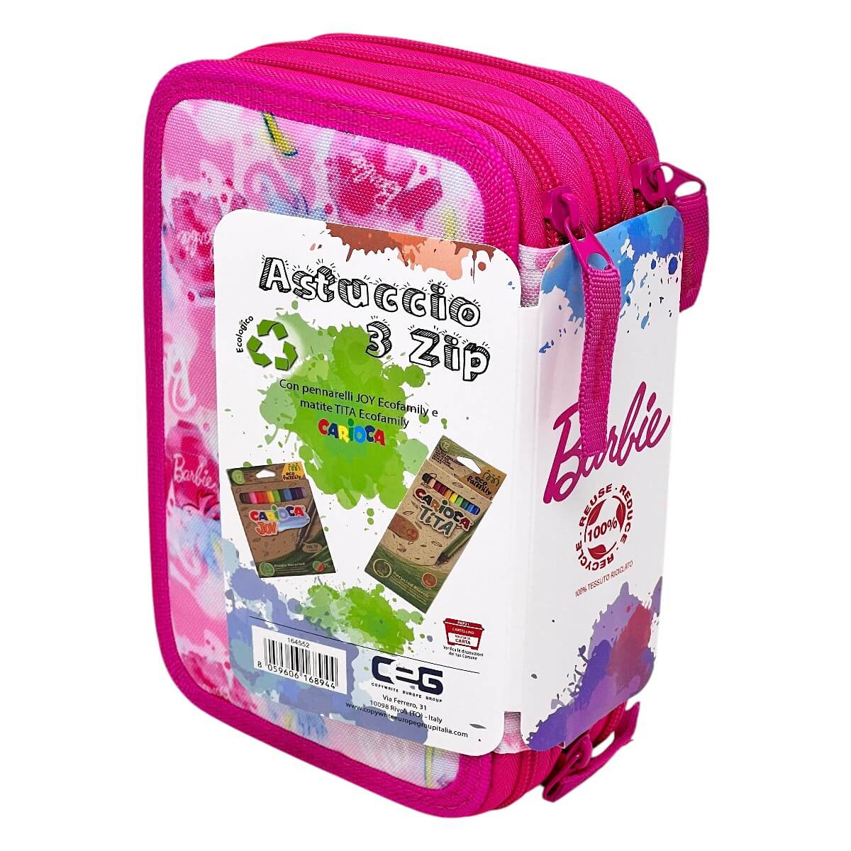 Astuccio Barbie 3 zip con cartellino Astuccio 3 Zip Carioca e indicazione tessuto 100% riciclato