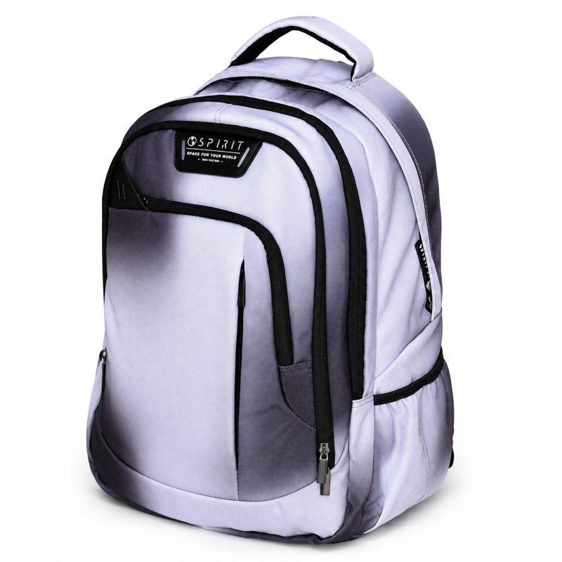 Zaino scuola Spirit City Hazy Grey grigio sfumato visto di tre quarti con logo Spirit e zip nere