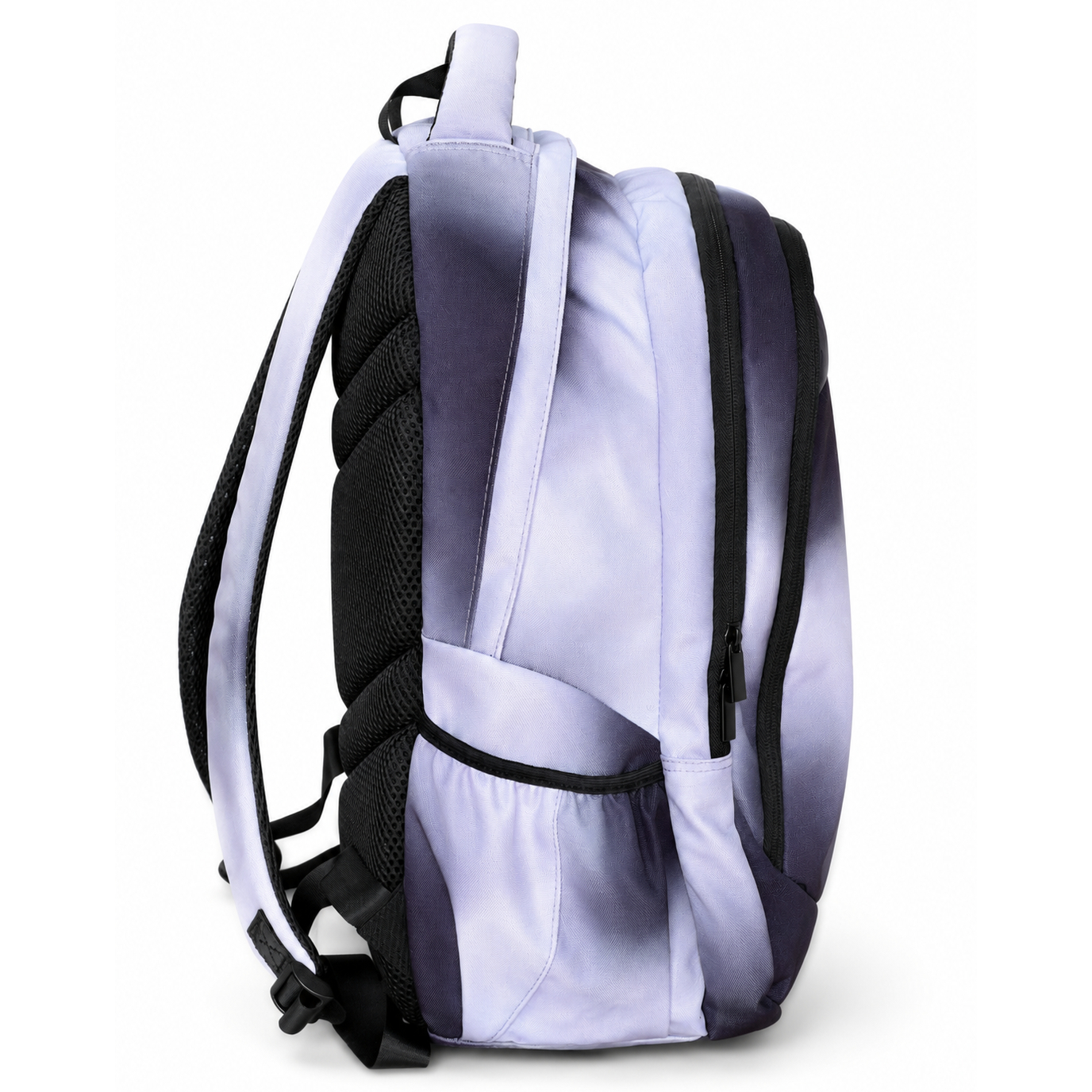Lato dello zaino Spirit City Hazy Grey con tasca laterale elastica, spallacci e schienale in rete