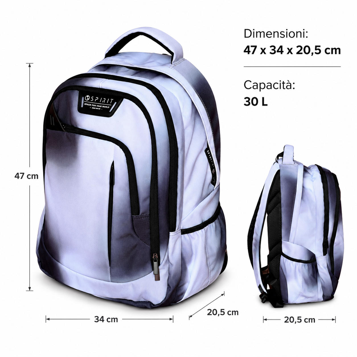 Misure dello zaino scuola Spirit City Hazy Grey: 47 x 34 x 20,5 cm e capacità 30 litri