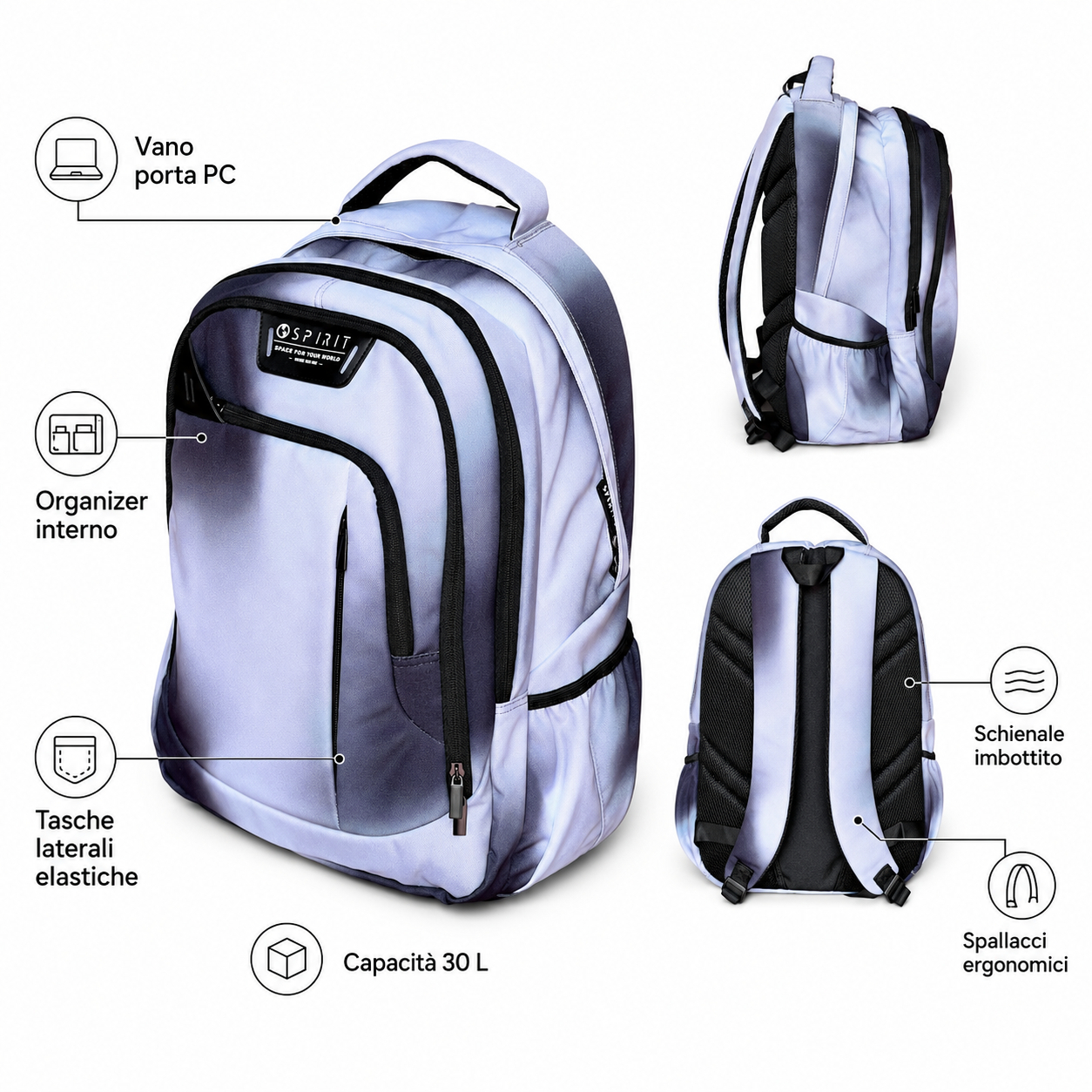 Dettagli dello zaino Spirit City: vano porta PC, organizer interno, tasche laterali elastiche, schienale imbottito e spallacci ergonomici