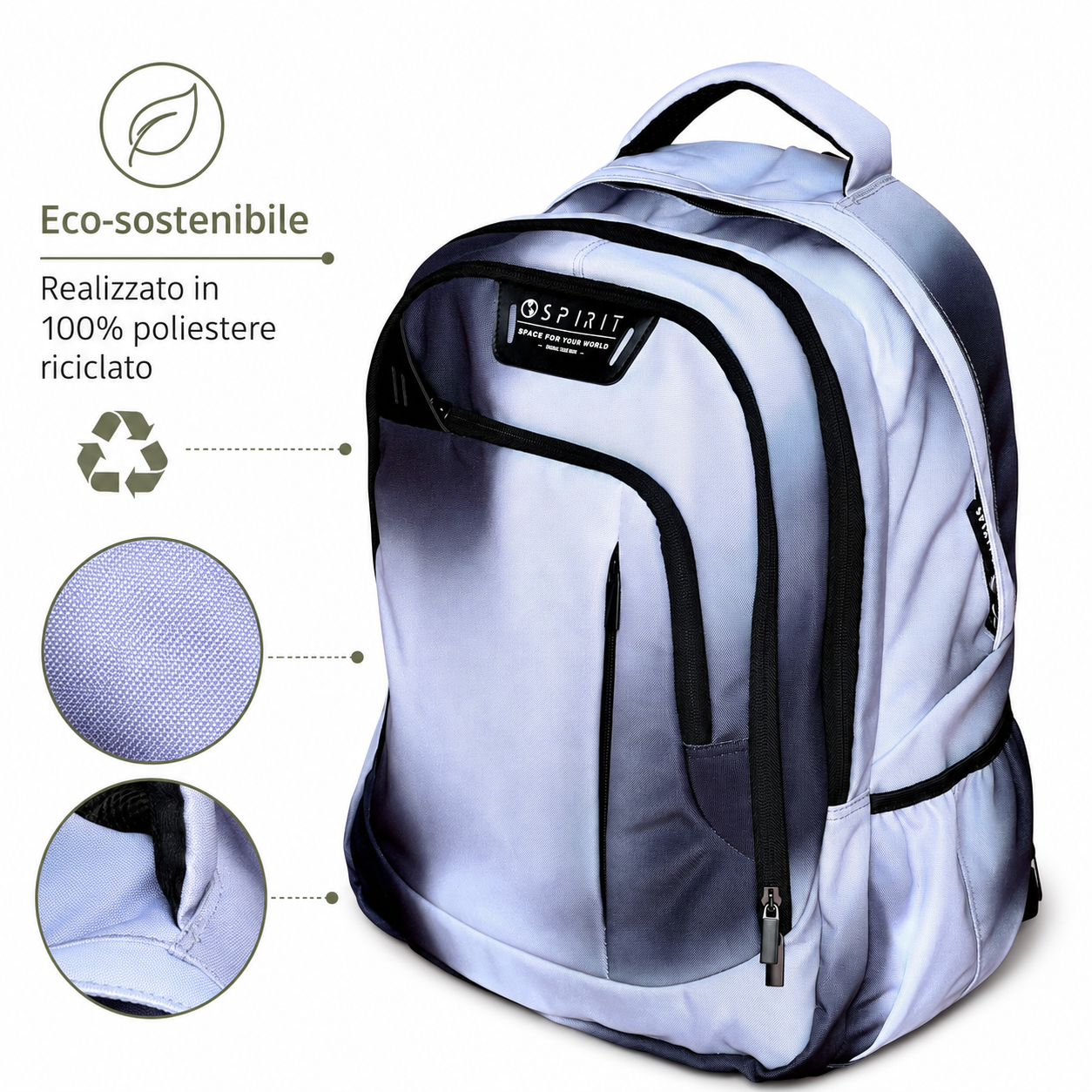 Zaino Spirit City Hazy Grey realizzato in 100% poliestere riciclato con dettaglio del tessuto e delle cuciture