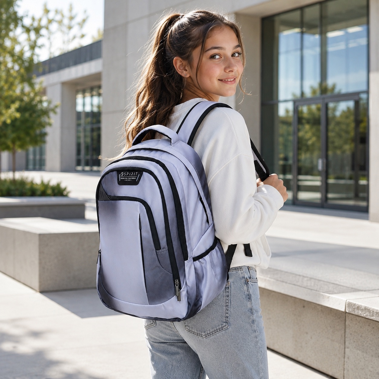 Ragazza che indossa lo zaino scuola Spirit City Hazy Grey grigio sfumato davanti alla scuola