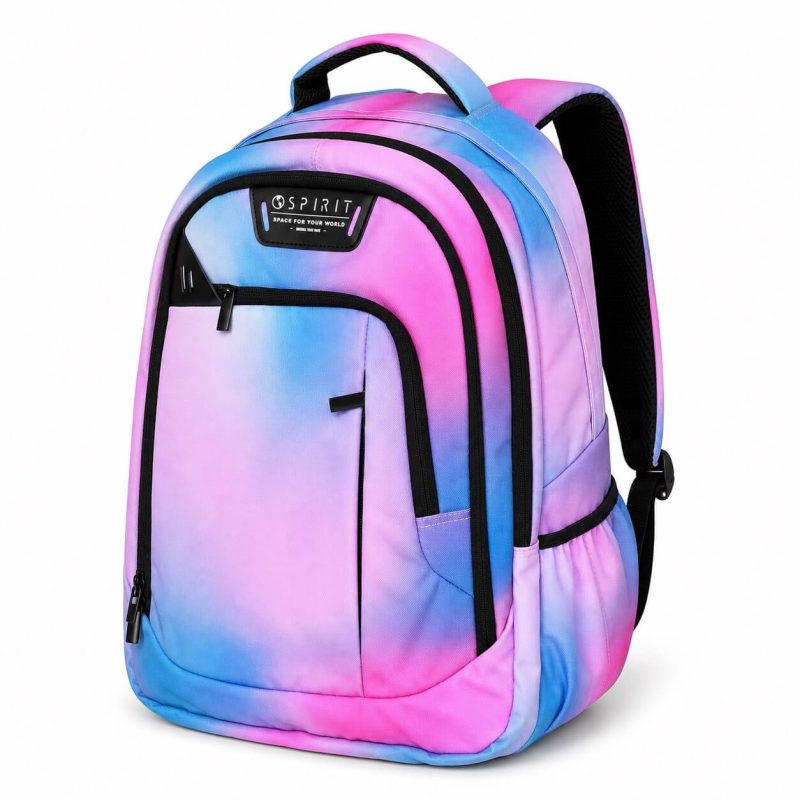 Zaino scuola ragazza Spirit City Hazy Pink rosa e azzurro sfumato visto di tre quarti con logo Spirit e zip nere