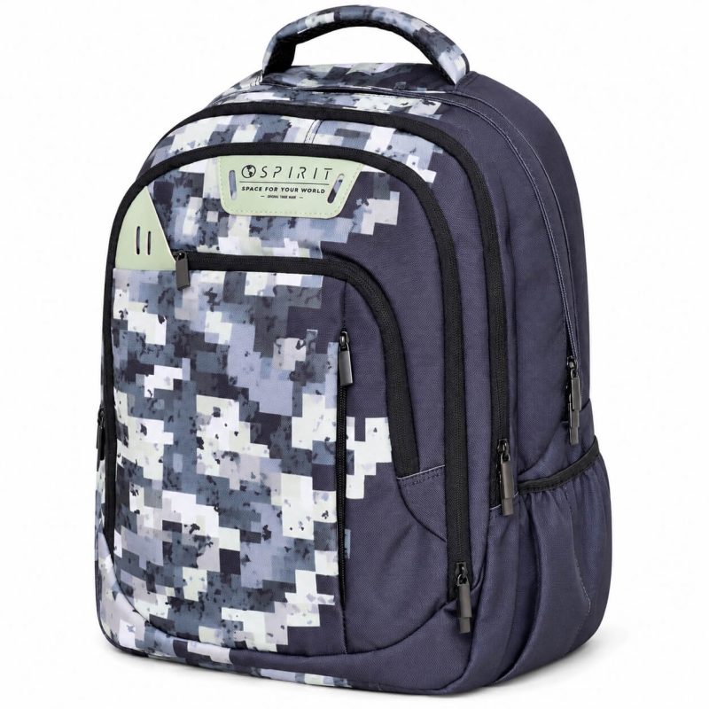 Zaino scuola ragazzo Spirit City Pixel blu notte con pattern a pixel grigio, vista frontale tre quarti