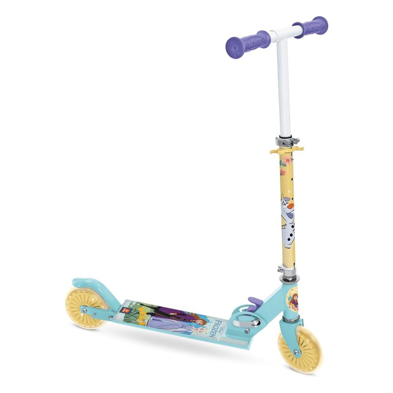 Monopattino Mondo Disney Frozen visto di profilo, telaio azzurro e bianco, ruote gialle