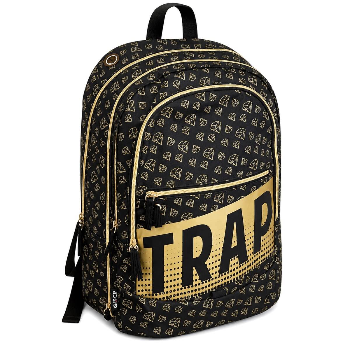 Zaino estensibile GoPop Trap nero con stampa diamanti oro, vista di tre quarti