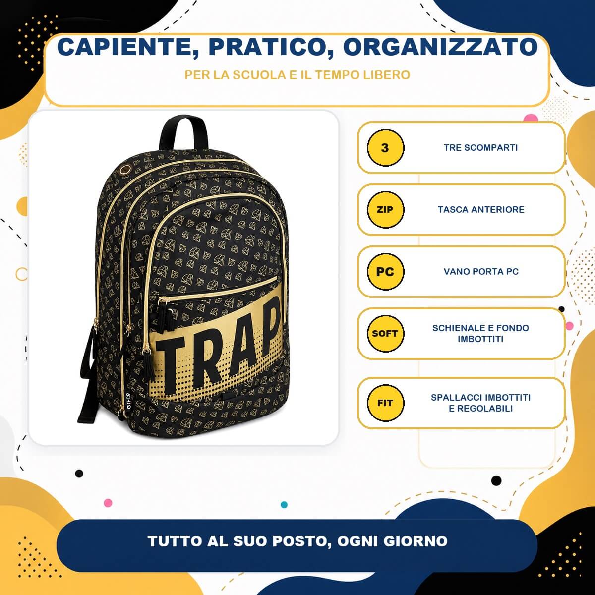 Caratteristiche dello zaino GoPop Trap: tre scomparti, tasca anteriore, vano porta PC